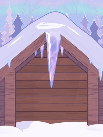 An icicle hanging from a snowy cabin roof