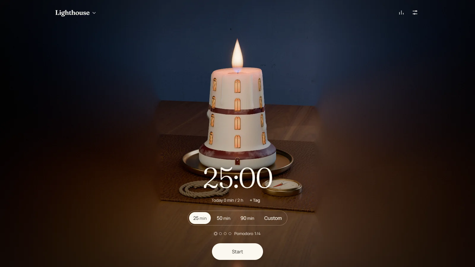 Unfold on a computer: a lighthouse-shaped candle burning on a desk above a 25:00 timer